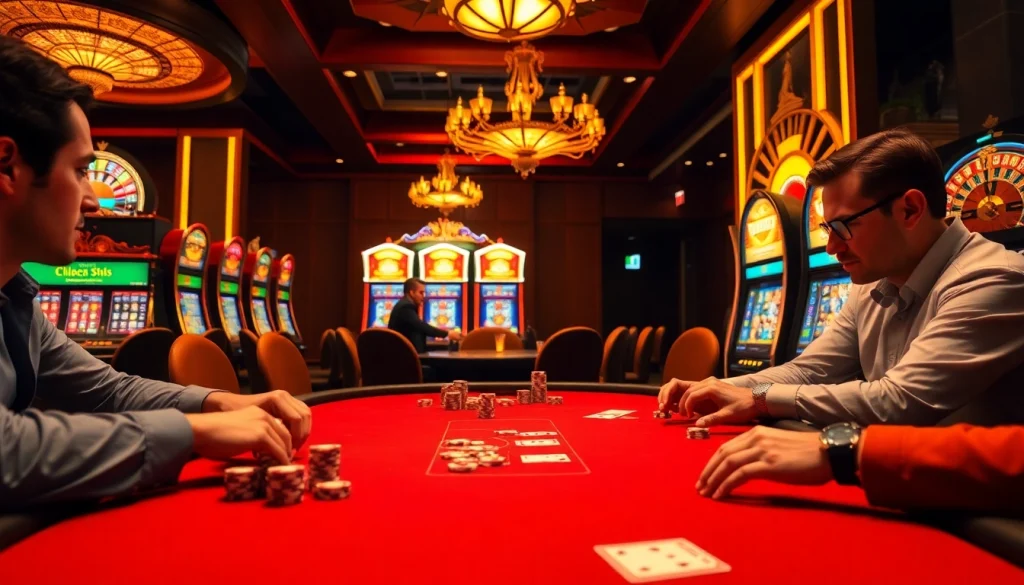 Experience the thrill at cổng game 789club with a vibrant casino scene featuring engaged players and colorful chips.