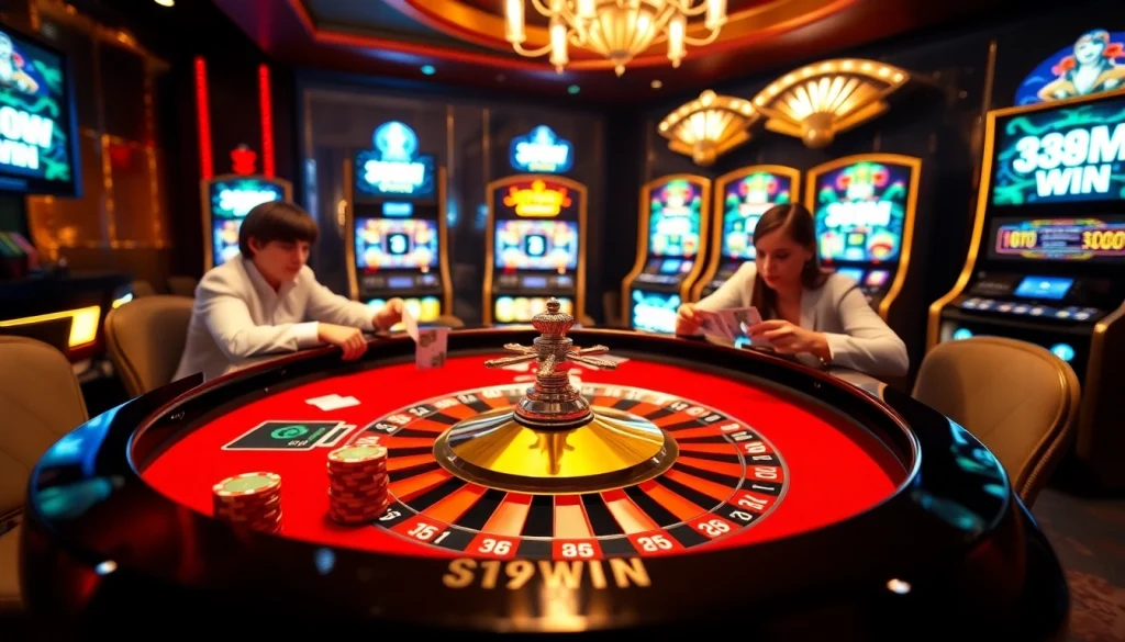 Players engage in an exciting poker game at 389WIN's luxurious casino, showcasing vibrant chips and a spinning roulette wheel.