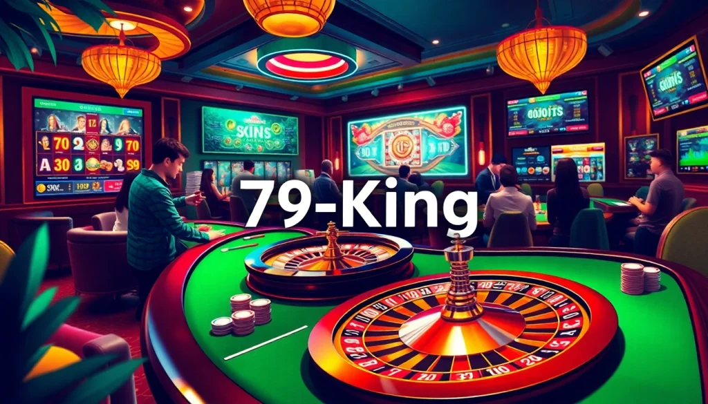 Experience the thrill of online gaming with link 79king's vibrant casino environment filled with poker chips and roulette.