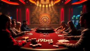Experience thrilling poker action at i9bet with high-stakes games and vibrant casino elements.