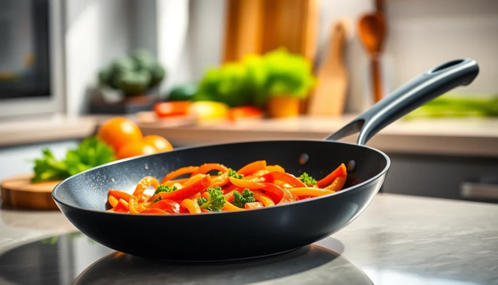 Using a nonstick fry pan NZ to cook a vibrant stir-fry in a modern kitchen setting.