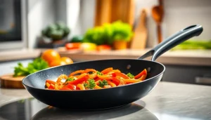 Using a nonstick fry pan NZ to cook a vibrant stir-fry in a modern kitchen setting.