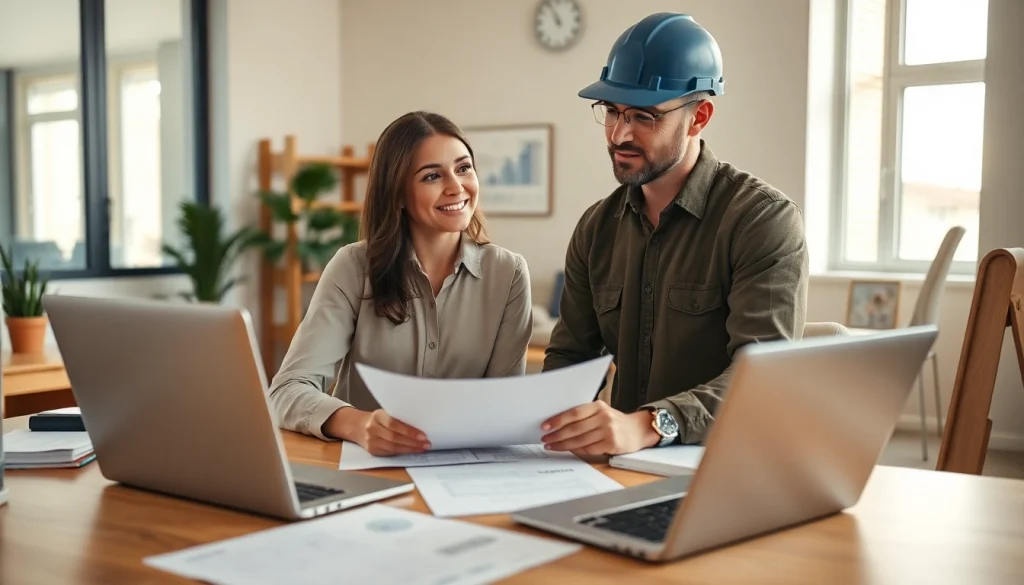 Księgowość dla firmy budowlanej w profesjonalnym biurze, księgowy i wykonawca współpracują.