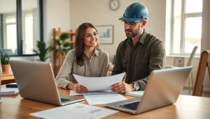 Księgowość dla firmy budowlanej w profesjonalnym biurze, księgowy i wykonawca współpracują.