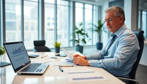 SMSF auditor reviewing financial documents in a modern office environment, projecting professionalism and trust.