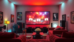 Enjoy movies online in a cozy home entertainment setup with a vibrant screen and warm ambiance.