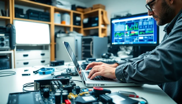 Technician performing computer repair on a laptop in a detailed workspace.