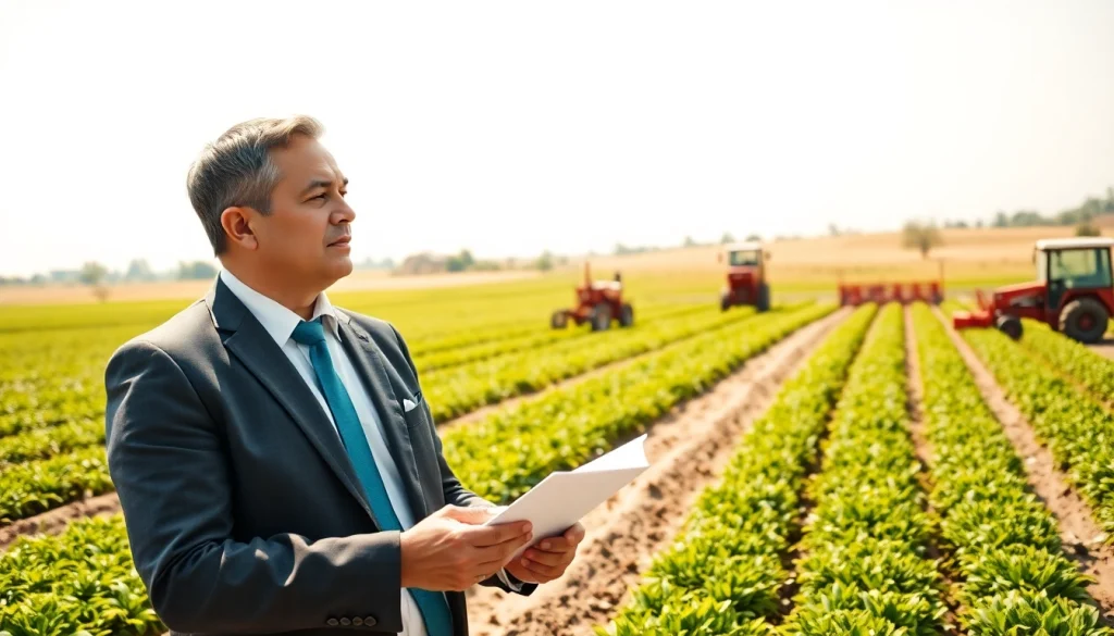 Engaging agriculture lawyer providing legal guidance in a farm setting, emphasizing agricultural law.