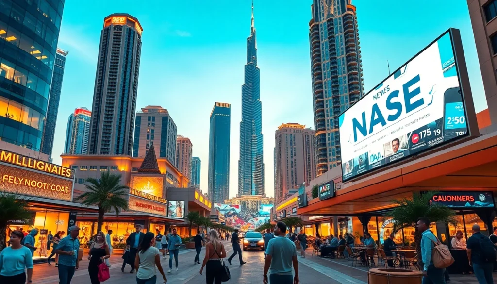 Latest news UAE displayed on a digital billboard in a vibrant cityscape.
