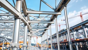 Illustration of steel structure design showcasing intricate joints and framework on a construction site.