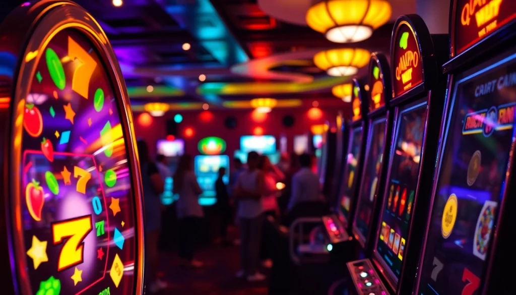 Bandar toto menampilkan mesin slot penuh warna dalam suasana kasino yang hidup.