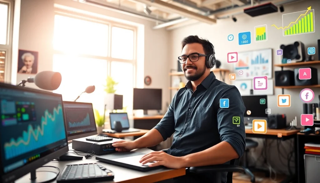 Enhance content monetization for creators with a dynamic studio workspace showcasing creative tools and social media elements.