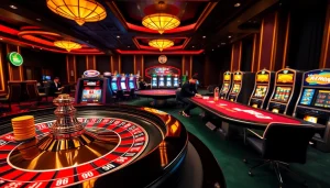 A vibrant casino scene showcasing AF88 COM with roulette, poker, and slot machines.