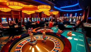 Bet vip: Người chơi tham gia vào bầu không khí sòng bạc sống động với những đồng chip poker và bánh xe roulette.