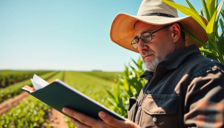 Explore agriculture law with a farmer analyzing contracts amidst thriving crops in a bright field.