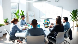 Professional web design team collaborating on thiết kế web projects in a modern office.