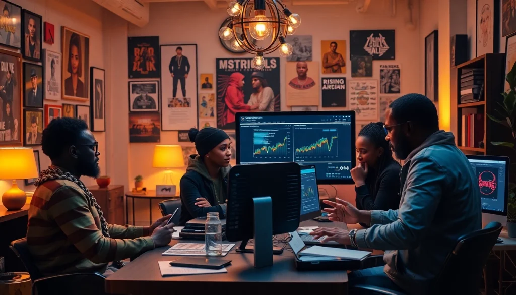 Professional hip hop PR firm team collaborating on a marketing campaign to boost artist visibility.