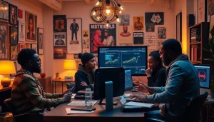 Professional hip hop PR firm team collaborating on a marketing campaign to boost artist visibility.