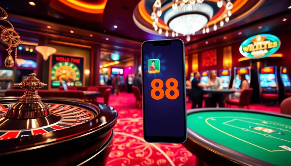 Trải nghiệm cảm giác hồi hộp của cá cược trực tuyến với liên kết W88 được hiển thị nổi bật trên thiết bị di động giữa các người chơi cá cược vui vẻ.
