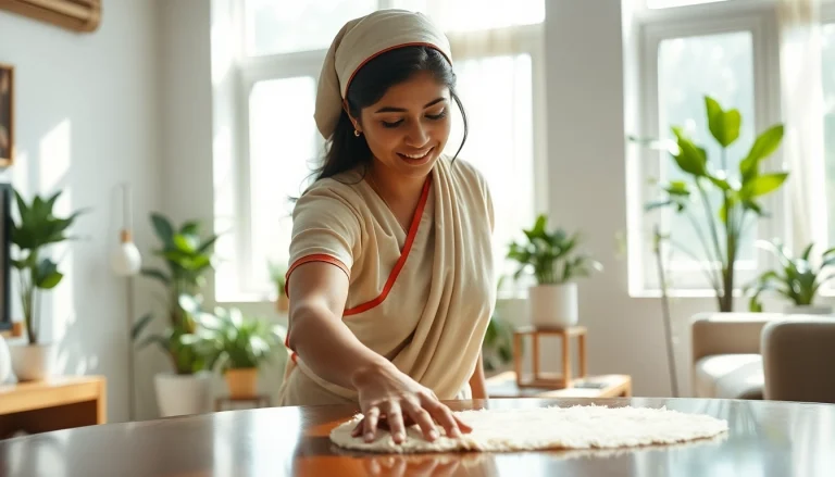 Indian maid from Mizoram providing professional cleaning service in a bright home environment.