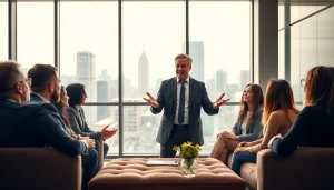 Empowering scene of a business coach los Angeles guiding a team in a modern office.