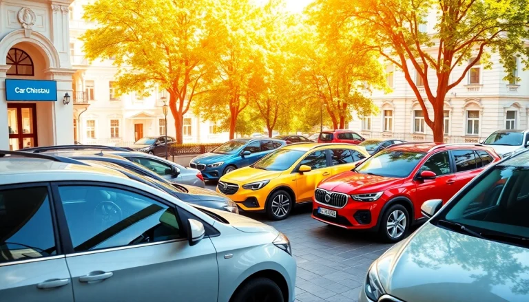 Chirie auto ieftin in Chișinău with various rental cars in a sunny setting.