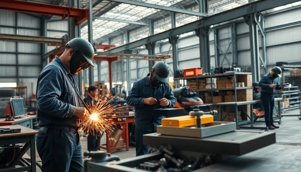 Experienced steel fabricators near me work diligently in a well-equipped fabrication shop.