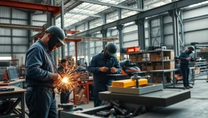 Experienced steel fabricators near me work diligently in a well-equipped fabrication shop.