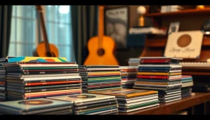 Showcase an audio cd collection with vibrant album covers in a cozy setting.