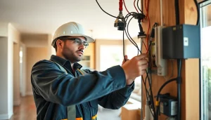 Electrician apprenticeship Hawaii in action as a trainee installs electrical wiring in a modern home.