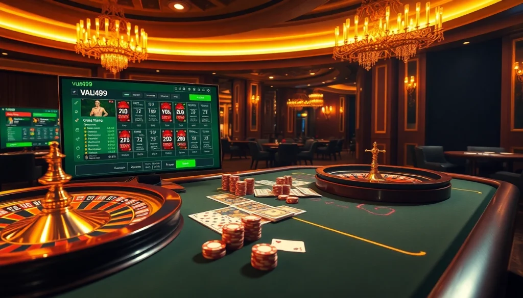 Experience the thrill of Vua99 with an elegant casino scene featuring betting tables, poker chips, and roulette wheels.