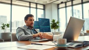 Trader using hotforex mt4 on a sleek laptop in a bright office.