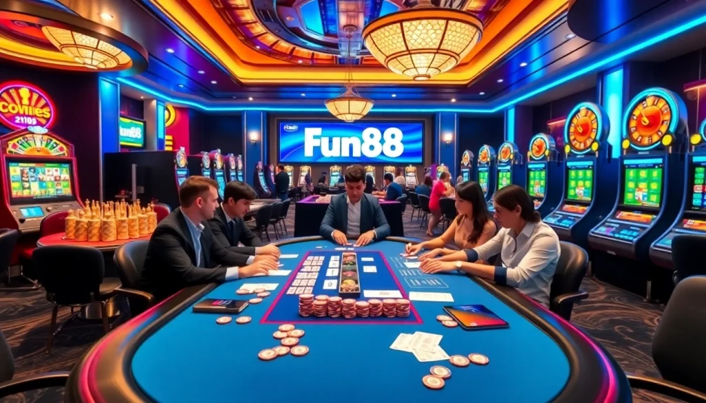 Fun88 engaging players at a luxurious casino table, highlighting online betting excitement.