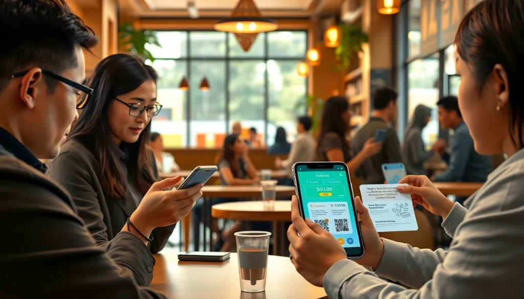 도시의 활기찬 카페에서 소액결제를 시연하는 현대 디지털 결제 인터페이스, 스마트폰과 결제 옵션이 포함되어 있습니다.