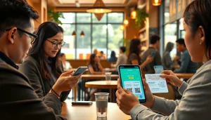 도시의 활기찬 카페에서 소액결제를 시연하는 현대 디지털 결제 인터페이스, 스마트폰과 결제 옵션이 포함되어 있습니다.