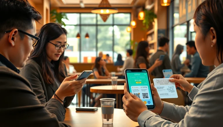 도시의 활기찬 카페에서 소액결제를 시연하는 현대 디지털 결제 인터페이스, 스마트폰과 결제 옵션이 포함되어 있습니다.