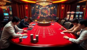 Players enjoying an exciting game of baccarat at the luxurious EV88 casino.