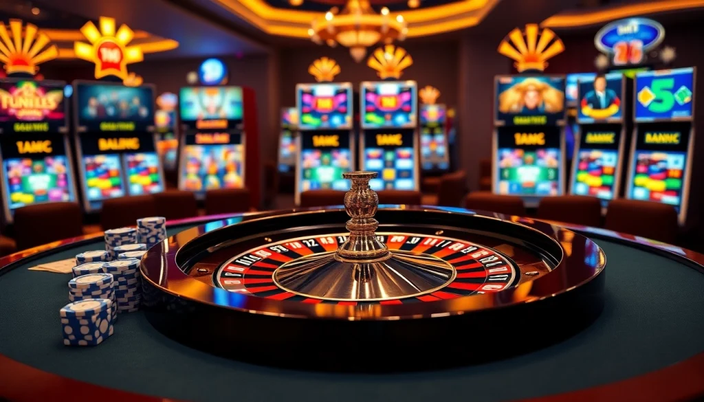 Experience thrilling gaming action at f8bet's luxurious casino tables with vibrant roulette wheels and inviting slot machines.