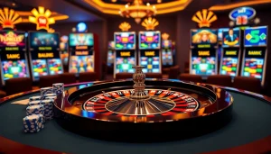 Experience thrilling gaming action at f8bet's luxurious casino tables with vibrant roulette wheels and inviting slot machines.