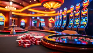 Toto togel lottery numbers displayed amidst a vibrant casino scene featuring poker tables and slot machines.