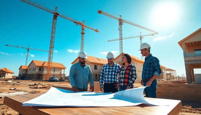 Builders collaborating on projects related to Texas association of builders in a sunny construction site.