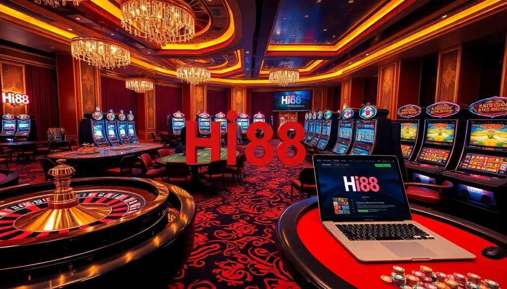Experience the excitement of Hi88 gambling with players at roulette and poker tables in a vibrant casino.