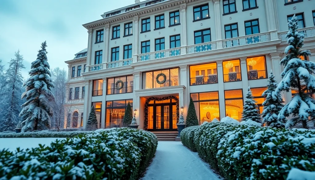 Luxury hotel in Sweden surrounded by winter landscape and festive lights.