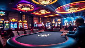 Experience thrilling gameplay with V9bet at a luxurious casino poker table amidst brilliant slot machines.