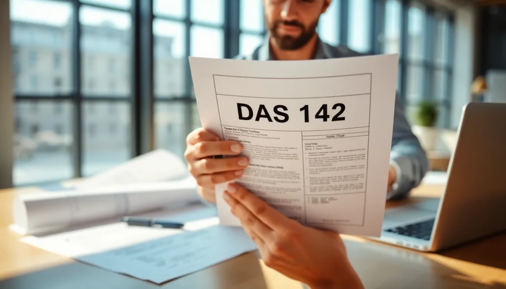 Reviewing the DAS 142 form in a professional contractor's office setting.