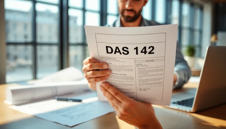 Reviewing the DAS 142 form in a professional contractor's office setting.