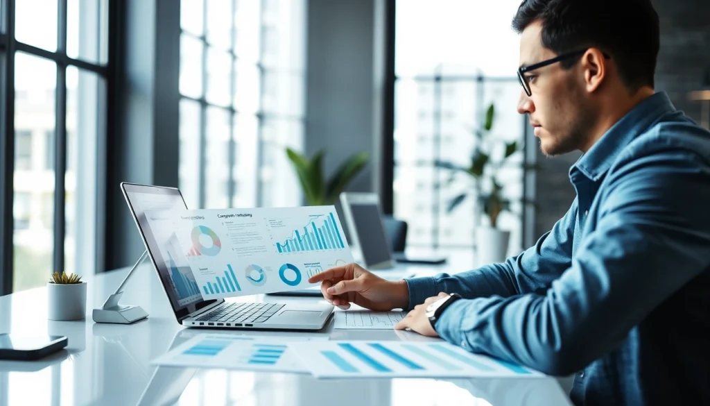 Analyze competitive intelligence data in a modern office setting with a focused professional.