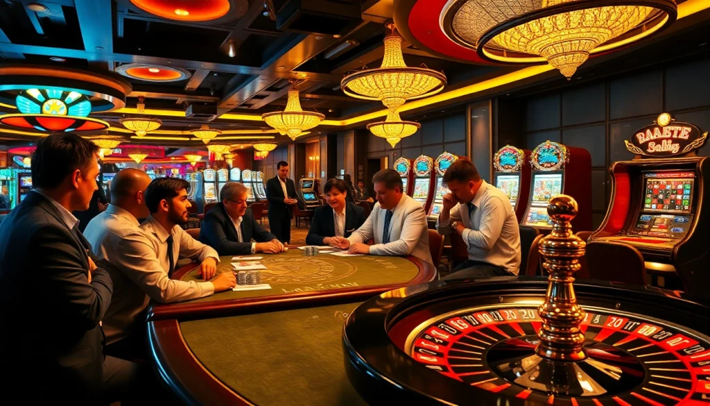 Exciting gambling scene illustrating Nhà Cái Uy Tín with players at poker tables and roulette wheels.