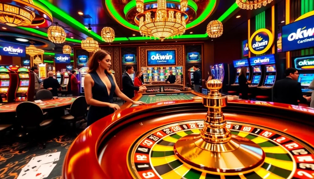 Gambling excitement at a roulette table with Okwin branding and vibrant casino elements.