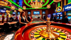 Gambling excitement at a roulette table with Okwin branding and vibrant casino elements.